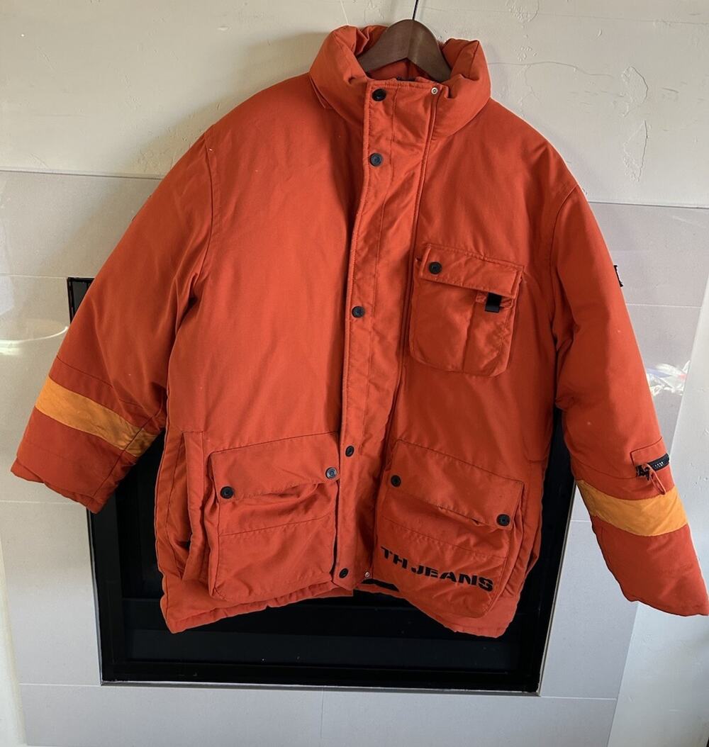 Vintage Tommy Hilfiger Puffer Jacket Mens M Orange Down Coat Flag Logo Y2K 90s